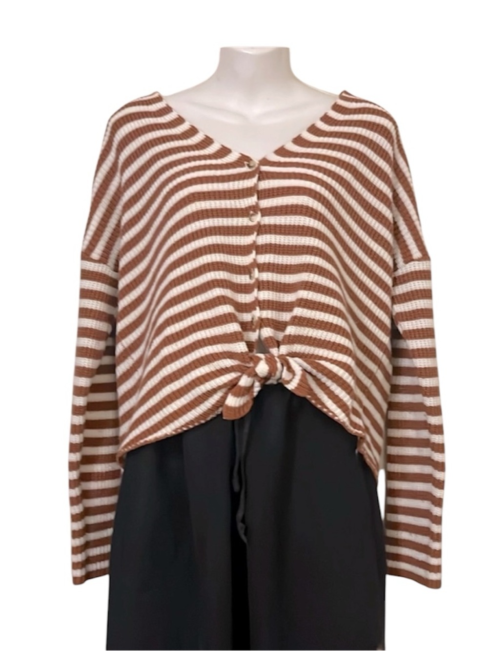 I Heart It Women’s Striped V Neck Button Down Long Sleeved Cardigan Sweater Sz L